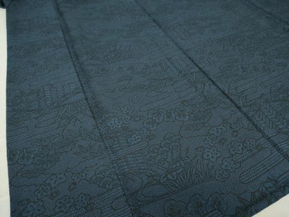 平和屋着物▽上質なお召　単衣　霞取風景文　100亀甲　正絹　逸品　DABE4710az