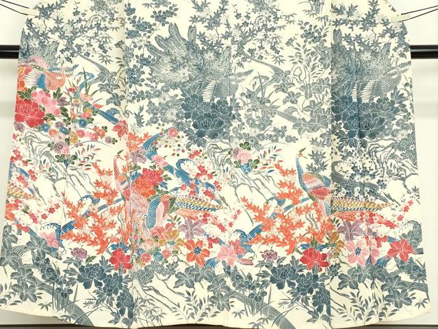 平和屋着物▽訪問着　単衣　型染め　孔雀花文　鬼しぼ縮緬　正絹　逸品　DABE4712az
