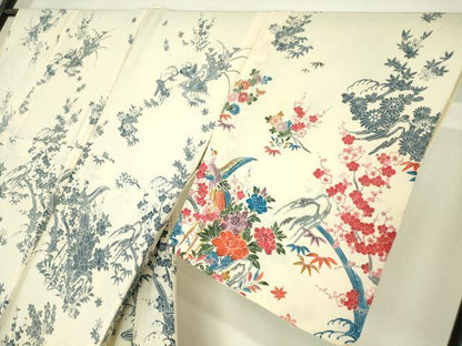 平和屋着物▽訪問着　単衣　型染め　孔雀花文　鬼しぼ縮緬　正絹　逸品　DABE4712az