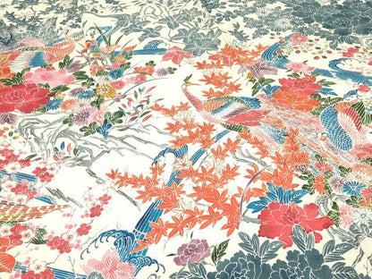 平和屋着物▽訪問着　単衣　型染め　孔雀花文　鬼しぼ縮緬　正絹　逸品　DABE4712az