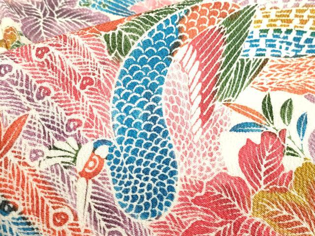 平和屋着物▽訪問着　単衣　型染め　孔雀花文　鬼しぼ縮緬　正絹　逸品　DABE4712az