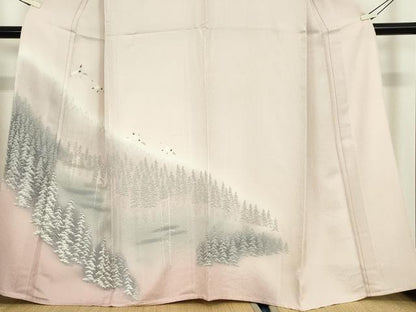 平和屋着物▽訪問着　単衣　飛鶴樹林文　暈し染め　金銀彩　松坂屋扱い　正絹　逸品　DABE4718az