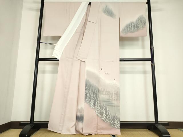 平和屋着物▽訪問着　単衣　飛鶴樹林文　暈し染め　金銀彩　松坂屋扱い　正絹　逸品　DABE4718az