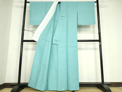平和屋着物▽上質な色無地　単衣　白群色　正絹　逸品　DABE4724az