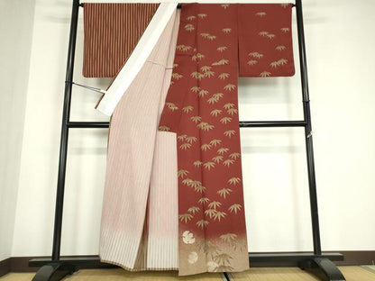 平和屋着物▽訪問着　単衣　片身変わり　福良雀に笹竹文　洗える着物　DABE4738az