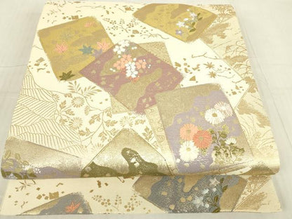 平和屋着物▼六通柄袋帯　色紙道長文　金糸　正絹　逸品　DABE4755az