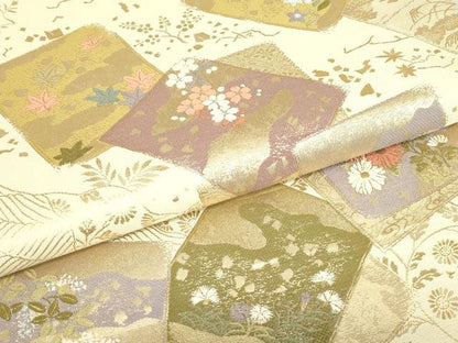 平和屋着物▼六通柄袋帯　色紙道長文　金糸　正絹　逸品　DABE4755az