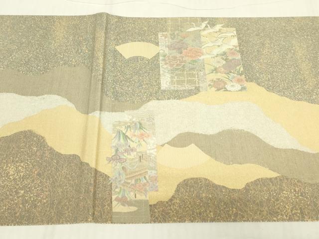 平和屋着物▼太鼓柄袋帯　螺鈿箔　短冊花文　金彩　正絹　逸品　DABE4758az