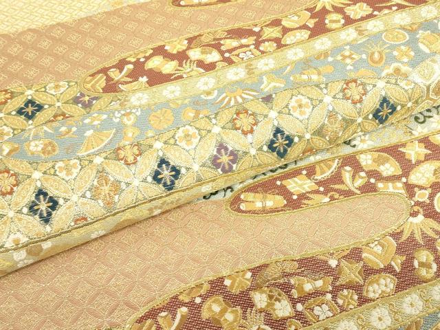 平和屋着物▼六通柄袋帯　霞取り宝づくし花文　金糸　引箔　鈴乃屋扱い　正絹　逸品　DABE4769az