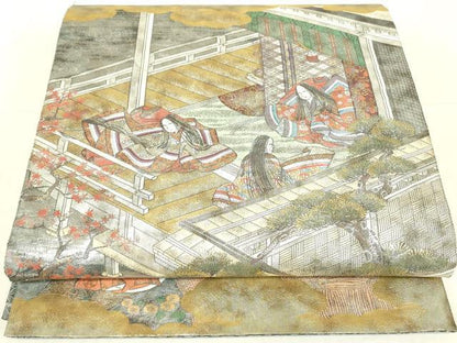 平和屋着物▼極上　西陣あさぎ　全景全通柄袋帯　絵巻　伊勢物語　全景全通図　24金プラチナ二重箔　正絹　逸品　DABE4773az