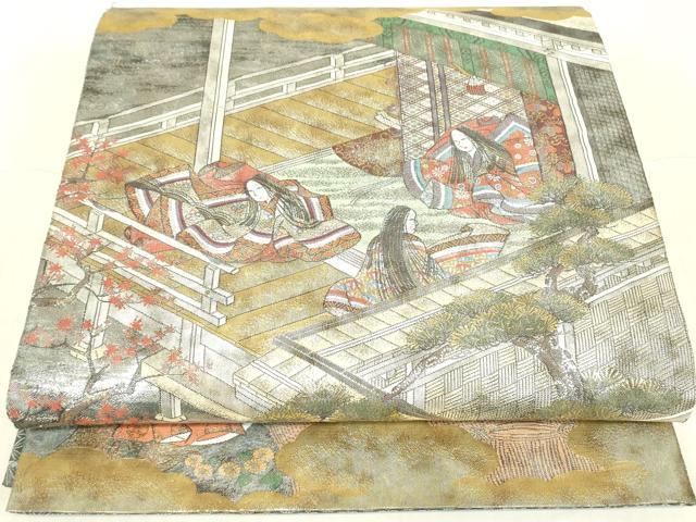 平和屋着物▼極上　西陣あさぎ　全景全通柄袋帯　絵巻　伊勢物語　全景全通図　24金プラチナ二重箔　正絹　逸品　DABE4773az