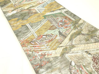 平和屋着物▼極上　西陣あさぎ　全景全通柄袋帯　絵巻　伊勢物語　全景全通図　24金プラチナ二重箔　正絹　逸品　DABE4773az