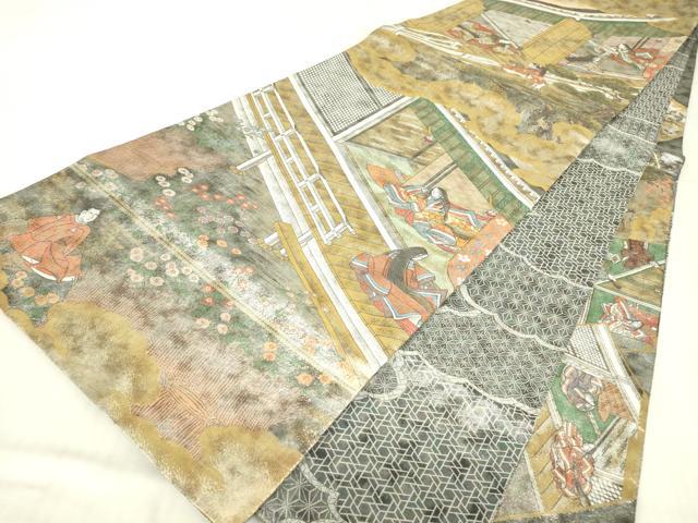 平和屋着物▼極上　西陣あさぎ　全景全通柄袋帯　絵巻　伊勢物語　全景全通図　24金プラチナ二重箔　正絹　逸品　DABE4773az