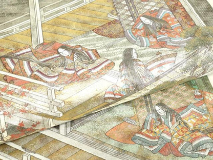 平和屋着物▼極上　西陣あさぎ　全景全通柄袋帯　絵巻　伊勢物語　全景全通図　24金プラチナ二重箔　正絹　逸品　DABE4773az