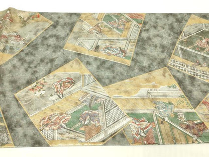 平和屋着物▼極上　西陣あさぎ　全景全通柄袋帯　絵巻　伊勢物語　全景全通図　24金プラチナ二重箔　正絹　逸品　DABE4773az