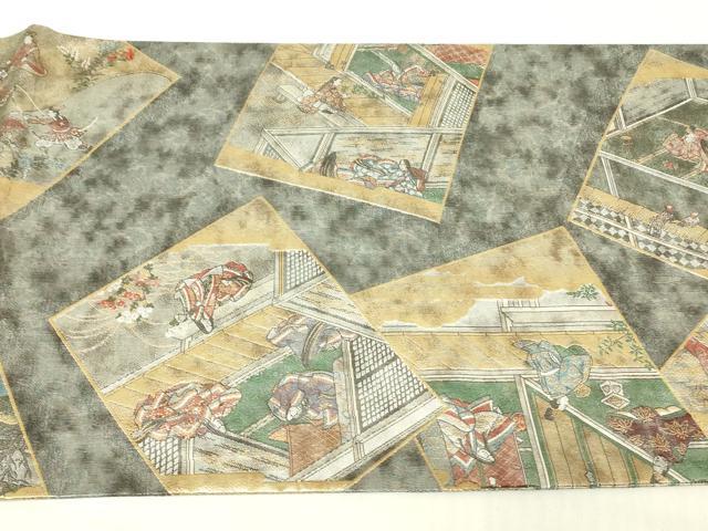平和屋着物▼極上　西陣あさぎ　全景全通柄袋帯　絵巻　伊勢物語　全景全通図　24金プラチナ二重箔　正絹　逸品　DABE4773az