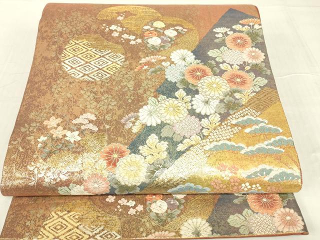 平和屋着物▼六通柄袋帯　唐織　吉祥花松文　金糸　引箔　正絹　逸品　DABE4780az