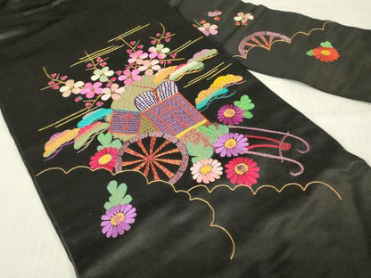 平和屋着物▼アンティーク　大正ロマン　九寸名古屋帯　総刺繍　御所車花文　黒地　金糸　正絹　逸品　DABE4786az