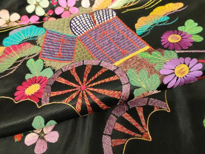 平和屋着物▼アンティーク　大正ロマン　九寸名古屋帯　総刺繍　御所車花文　黒地　金糸　正絹　逸品　DABE4786az