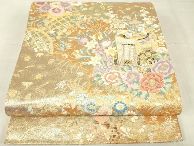 平和屋着物▼六通柄袋帯　流水取御所車文　金糸　正絹　逸品　DABE4790az