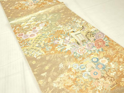 平和屋着物▼六通柄袋帯　流水取御所車文　金糸　正絹　逸品　DABE4790az