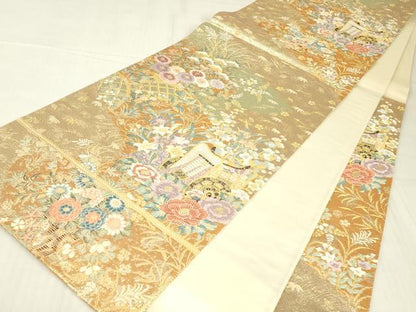 平和屋着物▼六通柄袋帯　流水取御所車文　金糸　正絹　逸品　DABE4790az