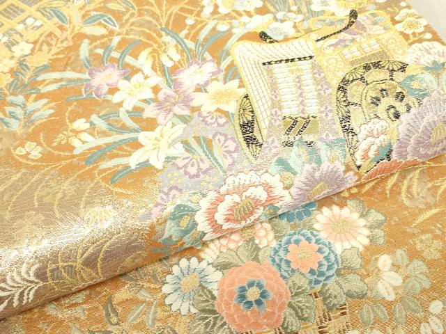 平和屋着物▼六通柄袋帯　流水取御所車文　金糸　正絹　逸品　DABE4790az
