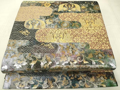 平和屋着物▼六通柄袋帯　霞取り花鳥文　金糸　引箔　正絹　逸品　DABE4793az