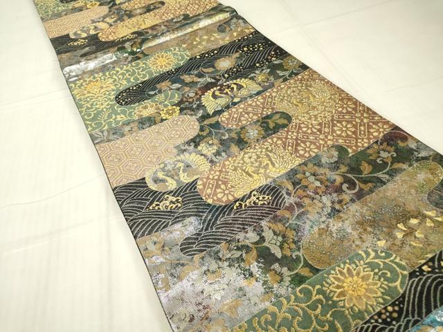 平和屋着物▼六通柄袋帯　霞取り花鳥文　金糸　引箔　正絹　逸品　DABE4793az