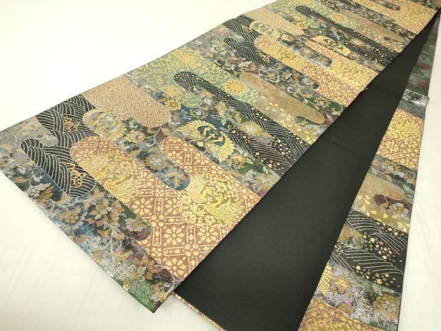平和屋着物▼六通柄袋帯　霞取り花鳥文　金糸　引箔　正絹　逸品　DABE4793az