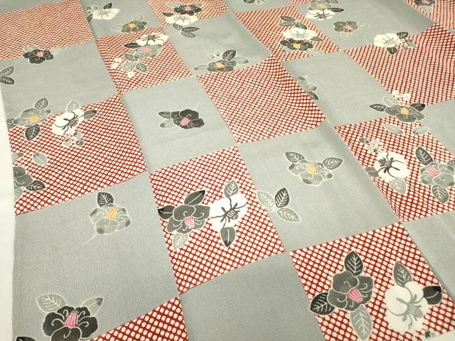 平和屋着物▽上質な小紋　単衣　型染め　市松花文　鬼しぼ縮緬　正絹　逸品　DABE4798az