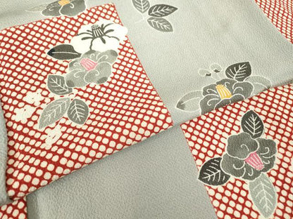平和屋着物▽上質な小紋　単衣　型染め　市松花文　鬼しぼ縮緬　正絹　逸品　DABE4798az