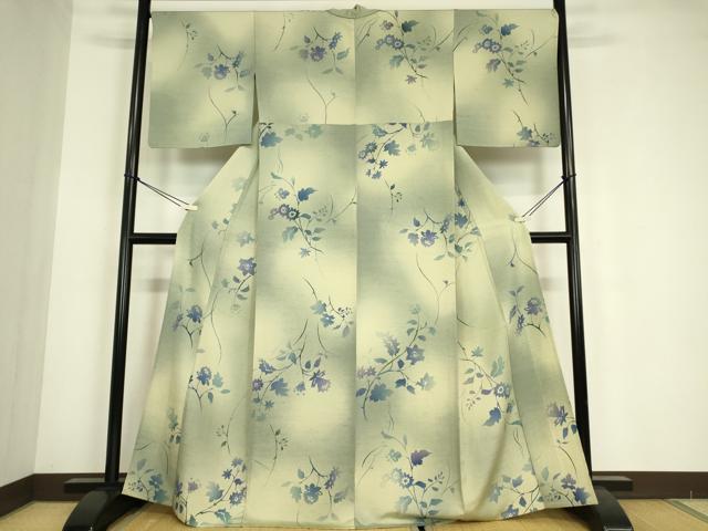 平和屋着物▽上質な小紋　紬地　単衣　型染め　草花文　暈し染め　正絹　逸品　DABE4803az