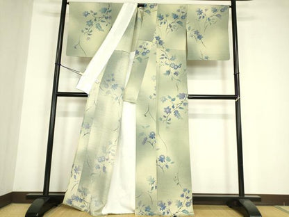 平和屋着物▽上質な小紋　紬地　単衣　型染め　草花文　暈し染め　正絹　逸品　DABE4803az