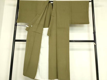 平和屋着物▽男性　色無地　単衣　黄海松茶色　正絹　逸品　DABE4807az