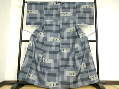 平和屋着物▽上質な紬　単衣　横段絣文　正絹　逸品　DABE4809az