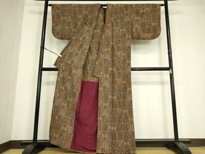 平和屋着物▽小紋　単衣　格子花文　洗える着物　DABE4817az