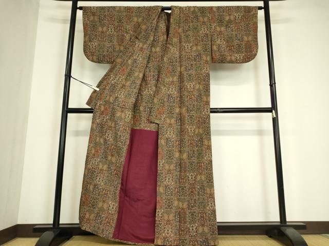 平和屋着物▽小紋　単衣　格子花文　洗える着物　DABE4817az
