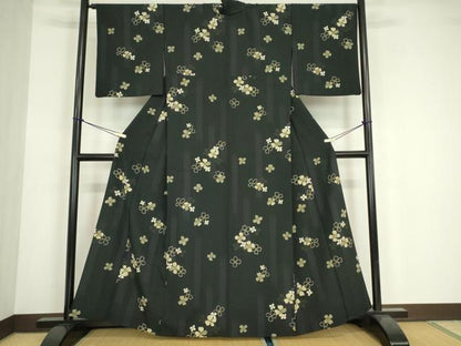 平和屋着物▽小紋　単衣　舞花文　黒地　洗える着物　DABE4822az