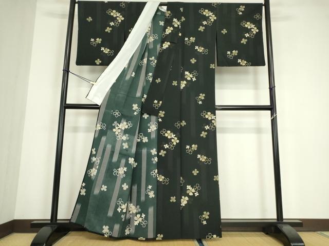 平和屋着物▽小紋　単衣　舞花文　黒地　洗える着物　DABE4822az