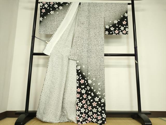 平和屋着物▽訪問着　単衣　舞桜　黒地　洗える着物　DABE4827az