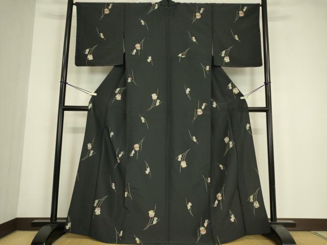 平和屋着物▽小紋　単衣　誰が袖文　黒地　金彩　洗える着物　DABE4843az