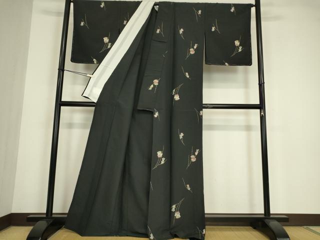 平和屋着物▽小紋　単衣　誰が袖文　黒地　金彩　洗える着物　DABE4843az