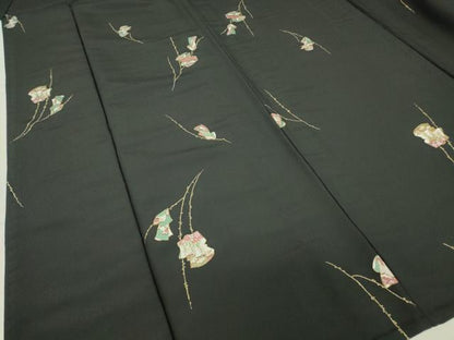 平和屋着物▽小紋　単衣　誰が袖文　黒地　金彩　洗える着物　DABE4843az