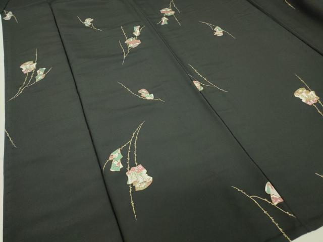平和屋着物▽小紋　単衣　誰が袖文　黒地　金彩　洗える着物　DABE4843az