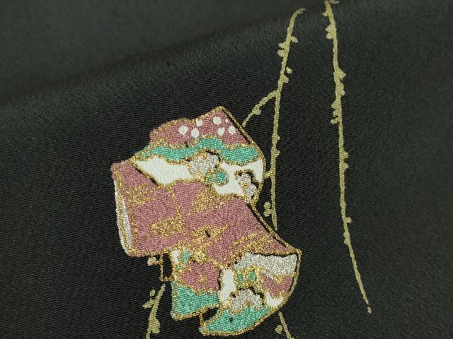 平和屋着物▽小紋　単衣　誰が袖文　黒地　金彩　洗える着物　DABE4843az
