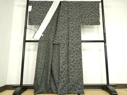平和屋着物▽小紋　単衣　舞桜文　黒地　洗える着物　未使用　DABE4852az