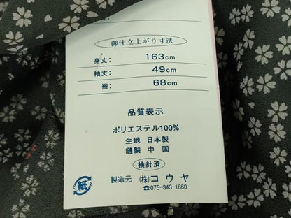 平和屋着物▽小紋　単衣　舞桜文　黒地　洗える着物　未使用　DABE4852az