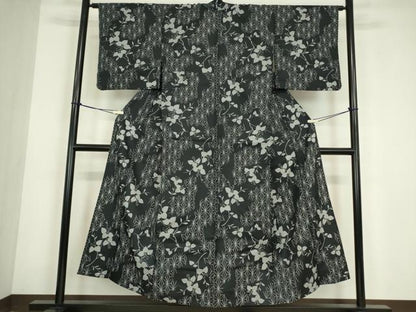 平和屋着物▽小紋　単衣　麻の葉花文　黒地　洗える着物　DABE4853az