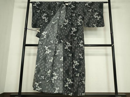 平和屋着物▽小紋　単衣　麻の葉花文　黒地　洗える着物　DABE4853az